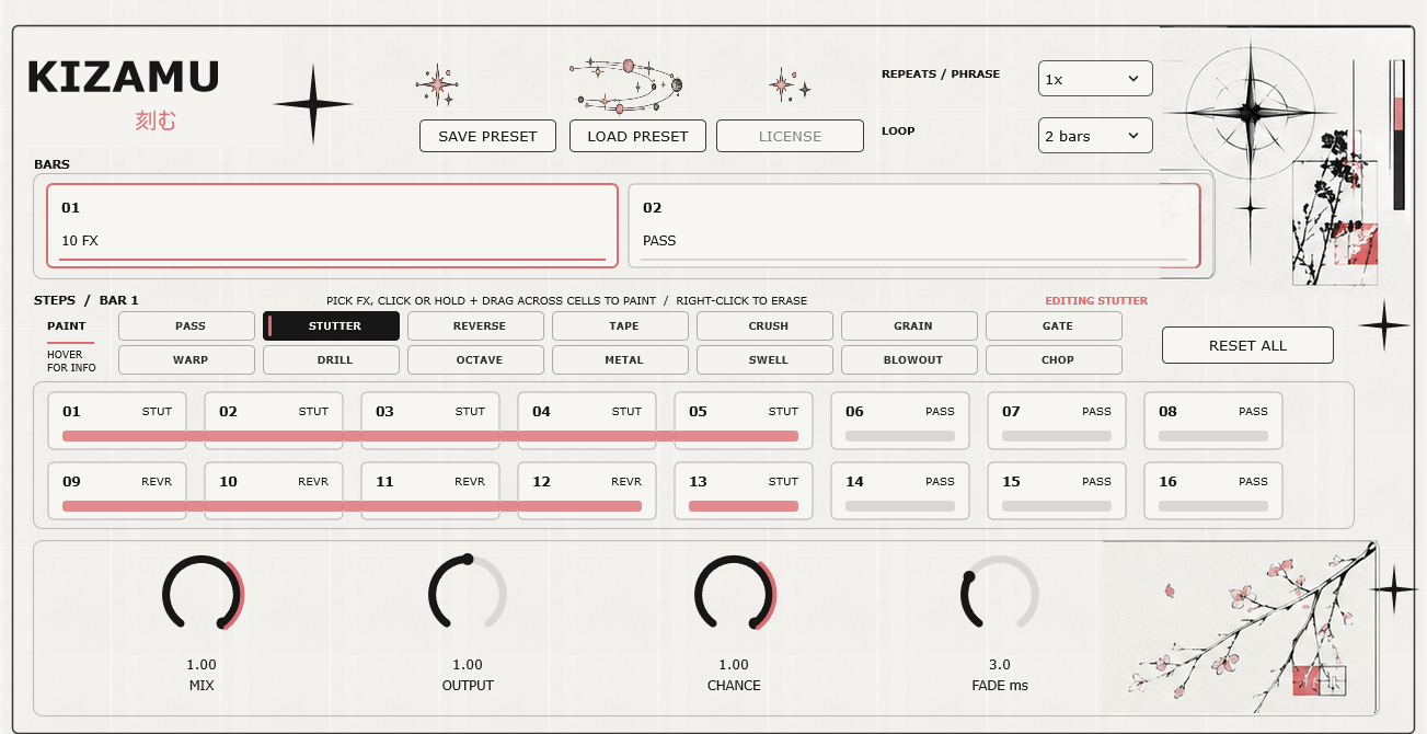 Kizamu VST3 editor showing the two-bar timeline, selected Stutter effect, painted steps, preset controls, and effect parameters
